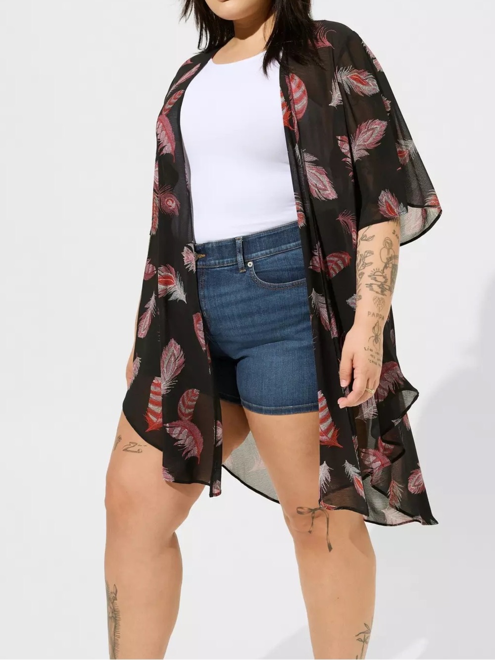 Torrid Kimono Sheer Cardigan Long Size 5X Feather Print Black Pink